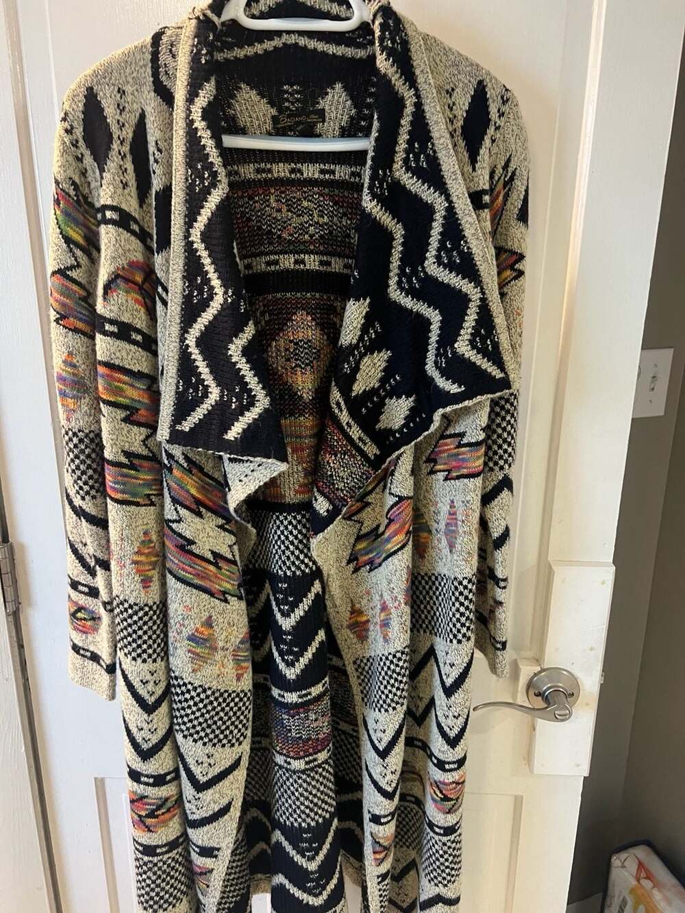 Baciano Women's Beige Black Multicolor Aztec Southwestern Print Long Cardigan Sw